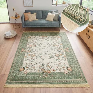 HANSE Home Teppich "Antik Flowers" rechteckig 5 mm Höhe Orientalisch mit Fransen, Orient, Wohnzimmer, Schlafzimmer, Esszimmer, grün, creme