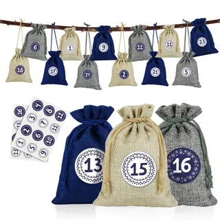 Naler 24 x Jutesäckchen Adventskalender Stoffbeutel mit Zahlensticker Jute Beutel Natur Säckchen Geschenksäckchen für Weihnachten - Blau/Natur/Grau