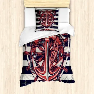 ABAKUHAUS Anker Bettbezug Set für Einzelbetten, Maritim Symbol Seemann Grunge, Milbensicher Allergiker geeignet mit Kissenbezug, Nachtblau Korallenrot und Beige - Beige
