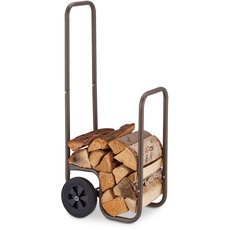 Relaxdays, braun Kaminholzwagen, 2 Gummireifen, Holzwagen bis 60 kg, für gängige Holzscheite, Brennholz-Sackkarre, Stahl, 10