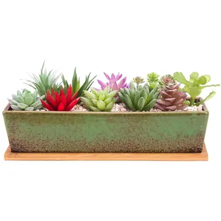 Sukkulenten-Blumentöpfe, 30 cm lang, rechteckig, Sukkulenten-Blumentöpfe mit Drainage, Bambusschalen, große Keramik-Kaktus-Blumenpflanzen für Innen- und Außenpflanzen, Heimdekoration, Grün
