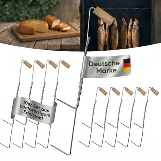ok4y Doppelspitz-Räucherhaken 10er Set | Edelstahl, 19 cm, Holzgriff | Perfekt für Fisch, Aal, Forelle, Wurst & Käse | Smoker, Grill & Räucherofen Zubehör