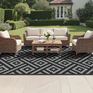 GENIMO Outdoor Teppich Wendbar – Wetterfest, UV-Beständig, Wasserdicht – Für Terrasse, Balkon, Garten, Camping, Picknick – Schwarz-Grau – Größe: 9x12ft