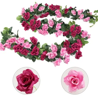 Veryhome 3Pcs Künstliche Rose Vine Seidenblumen Gefälschte Rose Vine Girlande Pflanze 3Pcs 13 Köpfe 7,9FT Floral Efeu Dekoration für Zuhause Hochzeitsarrangements Party Garten Dekor (Lila Fuchsia)