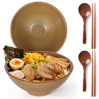 LRHAFET 2 x 1200ml Ramen Schüssel Set aus Keramik mit Essstäbchen und Löffeln, 20cm Ramen Bowls Set,Ramen Schale. (Frosted Copper)
