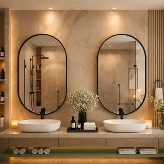 AIORBER Ovaler Spiegelschrank mit Stauraum, Badezimmerspiegelschrank mit Metallrahmen und verstellbaren Einlegeböden, Wand- oder Einbau, Schwarz - Schwarz