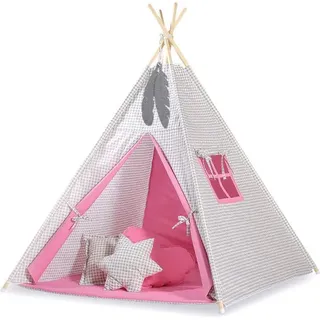 Tipi-Zelt grau kariert – Spielzelt – leicht, waschbar, ideal für den Innen- und Außenbereich