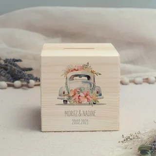 hellomini Personalisierte Spardose aus Holz mit Namen – Gravierte Holzbox zur Hochzeit – Geldgeschenk für das Brautpaar mit Wunschtext – Romantisch & dekorativ - Just Married