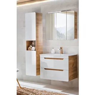 Badmöbel Set mit Keramikwaschtisch in Hochglanz weiß mit Wotan Eiche Nb. LUTON-56 mit LED-Spiegelschrank, B/H/T ca. 130/200/46 cm - Weiß