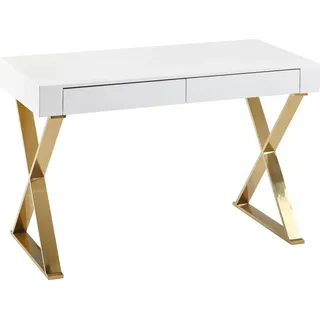 Wohnling Schreibtishc 118 cm weiß hochglanz Schreibtisch weiß rechteckig, X-Fuß-Gestell gold 118,0 x 57,0 cm