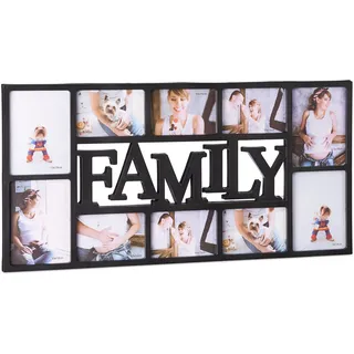 Relaxdays Bilderrahmen Familie, Fotorahmen für 10 Bilder, Collage Family zum Hinhängen, HBT: 36,5 x 72 x 2 cm, schwarz