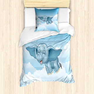 ABAKUHAUS Tier Mantele, Baby-Elefant und Wolken, Milbensicher Allergiker geeignet mit Kissenbezügen, 135 cm x 200 cm - 80 x 80 cm, Hellblau - Hellblau