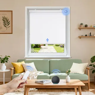 Grandekor Elektrische Rollos Innen, Verdunklungsrollo ohne Bohren mit Fernbedienung & Leiser Motor Weiß 45x150cm,Smart Rollo für Fenster Innen mit Metal Klemmträger,Thermorollo Sonnen-& Sichtschutz