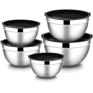 Rührschüssel 5er Set, HaWare Edelstahl Salatschüssel Schüssel Set mit Luftdichtem Deckel - 4.5L/ 2.7L/ 1.5L/ 1.2L/ 0.7L, Ideal zum Kochen/Backen/Aufbewahrung, Stapelbar & Spülmaschinenfest - Schwarz