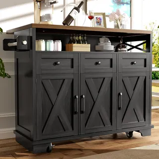 Sweiko Moderne Kücheninsel (118×43-70×98cm) Küchenschrank Essschrank mit Holzmaserung Esswagen mit Rädern, mit multifunktionalem Stauraum, herausnehmbaren Trennwänden, mit Handtuchhalter, schwarz - Schwarz