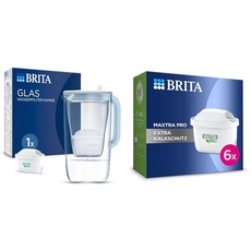 BRITA Glas Wasserfilter-Kanne Hellblau (2,5l) & Wasserfilter-Kartusche MAXTRA PRO Extra Kalkschutz – 6er Pack