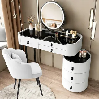 MJKCBD Schminktisch mit Spiegel und Stuhl, Klassiker Weiß Frisiertisch mit Hochglänzende Platte aus Gehärtetem Glas, 6 Schubladen & Seitenschrank, 100cm Kosmetiktisch für Schlafzimmer, PU-Lederoptik