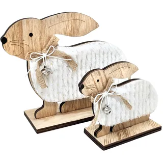 com-four® 2X Deko Aufsteller für Ostern - Kleiner und großer Osterhase hockend - Osterdeko zum Hinstellen - Osterdekoration aus Holz