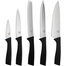 MasterChef Messerset, Küchenmesser Set ink. Kochmesser, Gemüsemesser, Schälmesser, Schneidemesser & Brotmesser, Scharfe Messer Edelstahl, Antihaftbeschichtete, Soft-Touch-Griffe, 5-teilig, Silber