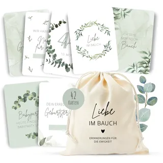 MeinBaby123® Meilensteinkarten Schwangerschaft | Meilenstein Karten Set Geschenk zur Schwangerschaft | Fotokarten für die Schwangerschaft | 42 Karten Inkl. hochwertigem Baumwollsäckchen (Eukalyptus)