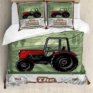 ABAKUHAUS Vintage Trucks Bettbezug Set, Grunge Design Das Bauernhaus-Beschriftung mit einem Traktor, 155 x 220 cm + 80 x 80 cm, Mehrfarbig