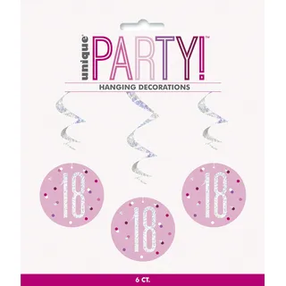 Hängende Wirbel-Geburtstagsdekorationen - 81 cm - 18. Glitzer Rosa & Silber Geburtstag - 6er-Packung