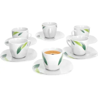 Van Well Siena 6er Set Espressotasse + Untertasse, Espresso-Set, Blattdekor, edles Marken-Porzellan - Grün