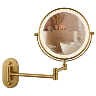 Schminkspiegel Glow Rund LED Golden 3-fach Vergrößerung Wandmontage mit Arm Akku USB-C - Gold