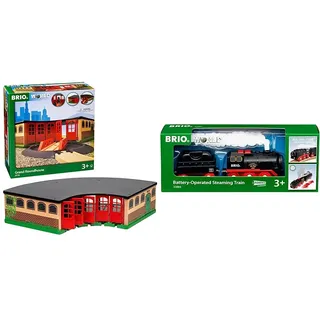 BRIO Eisenbahn Großer Ringlokschuppen Mit Drehscheibe & World 33884 Batterie-Dampflok mit Wassertank - Lokomotive mit echtem kühlen Dampf und Wasserbehälter zum Nachfüllen - Empfohlen ab 3 Jahren