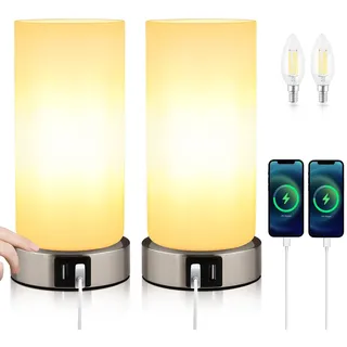 2 Stück Nachttischlampe, Tischlampe Touch Dimmbar, E14 Moderne Tischleuchte, 2 Usb-AnschlüSse, 3 Helligkeitsstufen, für Schlafzimmer, Wohnzimmer, Kinderzimmer(EnthäLt Leuchtmittel/Warmes Weiß)