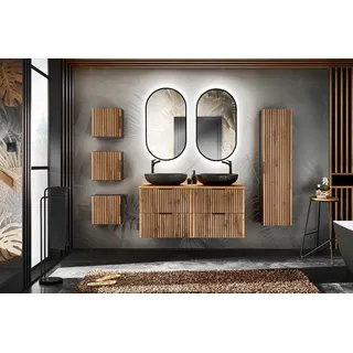 Easy4You Set XO Schwarz Eiche Wotan: Unterschrank 120 cm mit 2 Schubladen + 35x140 cm Seitenschrank Hängeschrank Badschrank Badezimmerschrank Soft-Close Badmöbel-Set Geriffelte Fronten - Schwarz