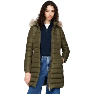 Tommy Jeans Damen Daunenmantel Essential Hooded Down Coat mit Kunstpelz, Grün (Fatigue Green), L