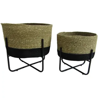 DRW Set mit 2 Pflanzgefäßen mit Korbfuß und Metall in Natur und Schwarz, 30 x 30 x 33 und 24 x 24 x 25 cm