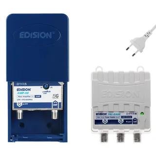 EDISION MAK-100 Kit: Mastverstärker 1UHF, 10-25db, 107dBmV, 24V, für Digitale Terrestrische DVB-T/T2 Antennnen geeignet, 5G LTE Filter + Netzteil 24V 200mA F 2 Ausgänge