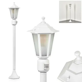HOFSTEIN Außenstehleuchte Loria, Außenwegeleuchte mit Bewegungsmelder aus Metall/Milchglas in Weiß, Wechselscheiben Klar, Wegeleuchte im Landhaus/Antik/Retro-Design, Garten, Hof, 107 cm, E27, IP44