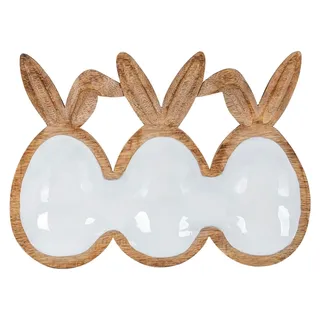 Dekoschale 26cm Ostereier Hasenohren Mangoholz Natur Weiß Osterdeko Tischdeko Ablage Holzschale Servierplatte - Weiß