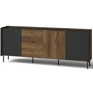 BEAUTYSOFA | Kommode PIANO 200cm | mit 3 Türen, 3 Schubladen und 3 Einlegeböden | Sideboard | Wohnzimmerschränke | Schwarz und Nussbaum | Modern Stil - Schwarz, Braun