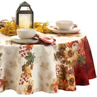 Elrene Swaying Leaves Bordered Tischdecke aus Stoff für Herbst/Thanksgiving/Ernte, Polyester, Mehrfarbig, 70" (Round)