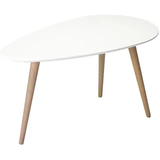 Ibbe Design Oval Rund Weiss Couchtisch Modern Skandinavisch Retro Kaffeetisch Beistelltisch MDF Fly, Natur Massiv Buche Holz Beine, 75x43x39 cm