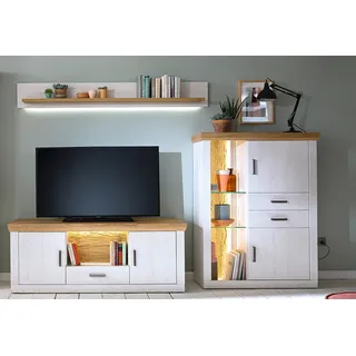 Wohnwand MARINGA-05 inkl. TV-Schrank. Wandboard und Highboard in Pinie weiß mit Eiche Nb. im Landhaus Stil - Weiß