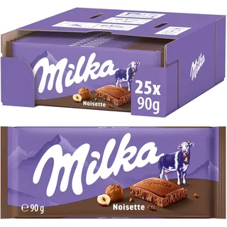 Milka Noisette Alpenmilch Schokoladenriegel, 90 g (25er-Pack) | Cremige Haselnussfüllung in zarter Alpenmilchschokolade, einzeln verpackte Riegel für Frische