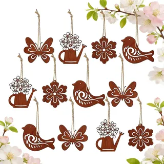 PIujsym Frühlingsdeko zum Aufhängen, 12er Set Deko Vögel Schmetterlinge Blumen Gießkannen, osterdeko Outdoor, Charmante Hängedeko für Ostern Garten und Fensterdeko