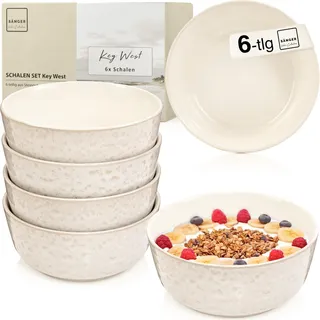 SÄNGER Key West Steingut Müslischalen Bowl Schüssel 6 teilig, Schüssel | Set 6 Personen, Schale spülmaschinen- & mikrowellenfest, Schüsseln Creme mit sandiger Maserung 550 ml
