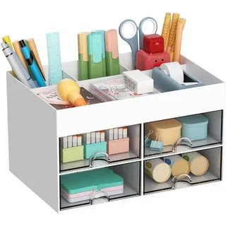 Marbrasse Schreibtisch Organizer mit Schubladen,Multifunktional Stiftehalter Schreibtisch mit 4 Fächer und 4 Schubladen,Büro Organizer Zubehör(Weiß)