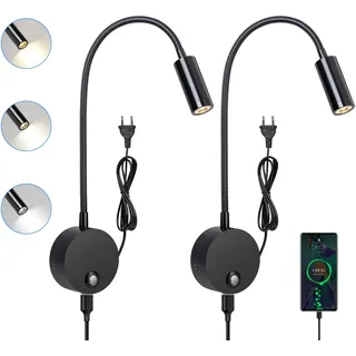 ERWEY 2 Stück Leselampe Wand, LED Wandleuchte Touch Dimmbar 3 Farbtemperatur Modi, Schwanenhals Bettlampe mit USB Ladeanschluss für Schlafzimmer, Schwarz