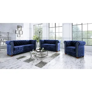 S-STYLE MÖBEL - Chesterfield Jutta Polstergarnitur 3+2+1 aus Marineblau Samt-Stoff mit Holzfüßen, B/T/H: 3er - 203 cm / 86cm / 72 cm - Blau