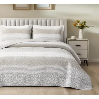 Chezmoi Collection Robyn 2-teiliges Steppdecken-Set mit Hibiskusblüte, Patchwork, gestreift, vorgewaschene Baumwolldecke, leichte Wende-Tagesdecke, Doppelbett-Größe