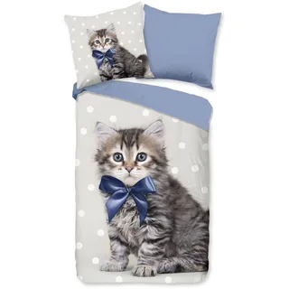 Good Morning »Mae« 2 Stk., tlg. 100% Baumwolle, 135x200, Reißverschluss, Wende, Kind, Katze, Blau