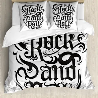 ABAKUHAUS Rockmusik Bettbezug, Vintage Rock 'n' Roll, Milbensicher Allergiker geeignet mit Kissenbezügen, 155 cm x 220 cm - 80 x 80 cm, schwarz Dimgrey - Schwarz