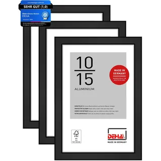 DEHA Design Bilderrahmen, 10 x 15 cm (3er Set), Aluminium, Schwarz matt, Fotorahmen zum Auftstellen im Hoch- & Querformat, bruchsicheres Kunstglas, Boston